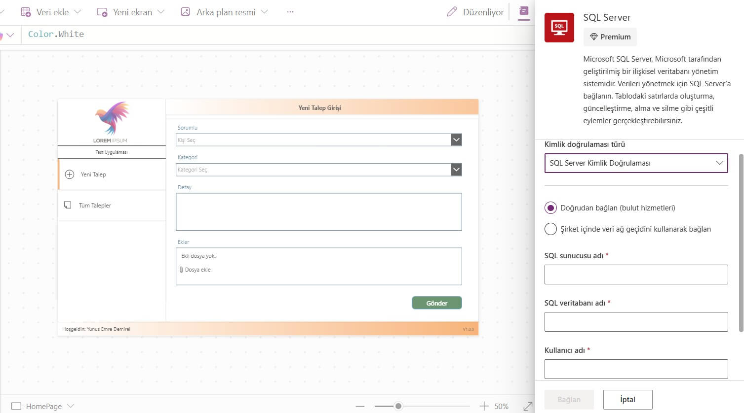 PowerApps SQL Server Entegrasyonu - Yunus Emre